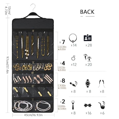 SMRITI Hanging Jewelry Organizer with Dual Zippered Pockets Canvas Double Sided Rotating Hanger Necklace Hanging Wall Organizer Earring Dustproof Holder Wall Mount Accessories Display Bag(Dark Grey) 6