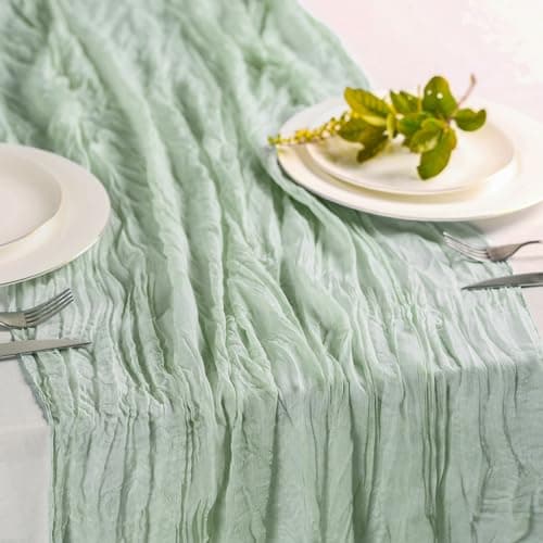 Hahuho Sage Green Cheesecloth Table Runner 10ft, Gauze Boho Rustic Table Runners for Wedding Birthday Party Baby Shower Decorations(1 Pack , 35x120 Inches)