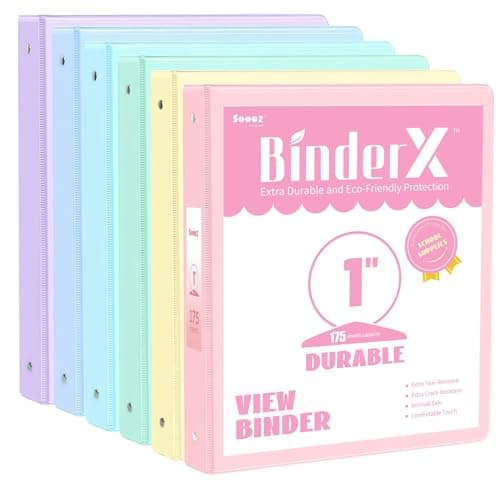 6 Pack Extra Durable 3 Ring Binders 1 inch, Sooez 1” Three Round Ring Binders with Pockets, Cute Customizable Clear View Cover for 8.5 x 11 Letter Size Papers, Pastels School Office Supplies for Girl