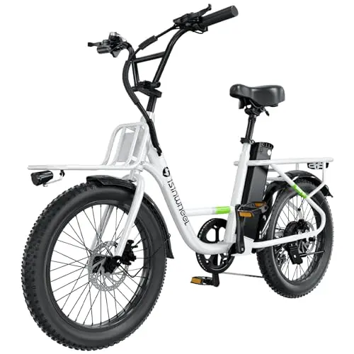 isinwheel U7 E Bike for Adults Electric Bike with Dual Cargo Rack, 48V 1000W Peak Ebikes for Adults, 7 Speed Gear, 20mph Step Thru Cruiser Electric Bicycles, 20" × 3“ Fat Tire Ebike