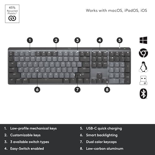 Logitech MX Mechanical Wireless Illuminated Performance Keyboard, Tactile Quiet Switches, Backlit Keys, Bluetooth, USB-C, macOS, Windows, Linux, iOS, Android, Metal, ‎Graphite 8