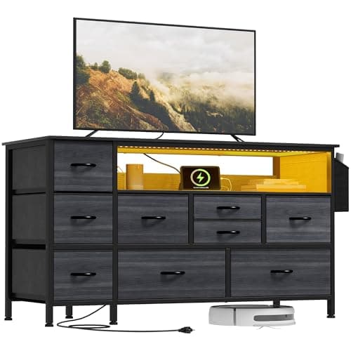 YITAHOME TV Stand with Charging Station, Dresser TV Stand for 55'', 9 Drawer Dresser for Room, Media TV Console Table with Side Pockets & Hooks, Storage Fabric Drawer Unit for Room