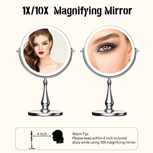WIZCHARK 9" Large Lighted Makeup Mirror, 1X/10X Magnifying Vanity Mirror with 3 Colors Dimmable Lightning, 80 LED Lights, 360°Rotation Double Sided Standing Desk Mirror 6
