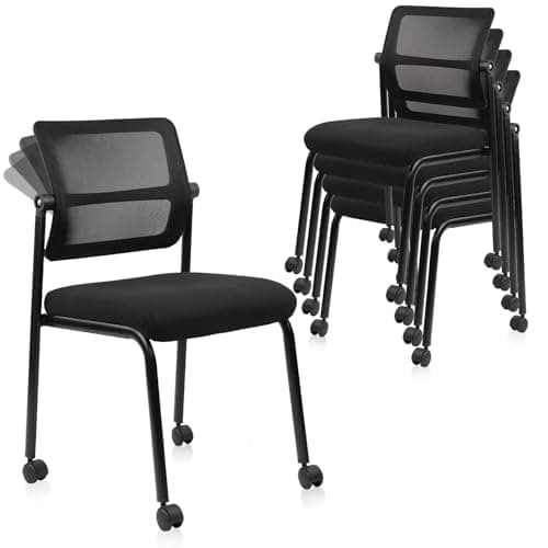 CLATINA Stacking Armless Office Waiting Room Chair with Wheels, Stackable Mesh Guest Reception Desk Chairs with Adjustable Backrest for Conference Lobby Side School, Black, 4 Pack