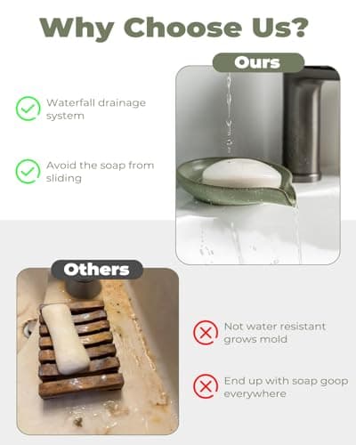 Soap Dishes, Ceramic Shower Soap Dish with Waterfall Design Bar Soap Holder Self Draining Soap Saver for Shower, Bathroom, Sink, Kitchen and Countertop, Green 6