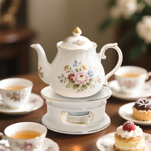 Nagpew Ceramic Teapot Warmer, Gold Rim Teapot Heater with Tealight Holder, White Porcelain Tea Kettle Holder Warming Base for Heating Coffee, Milk, Water, Soup 6