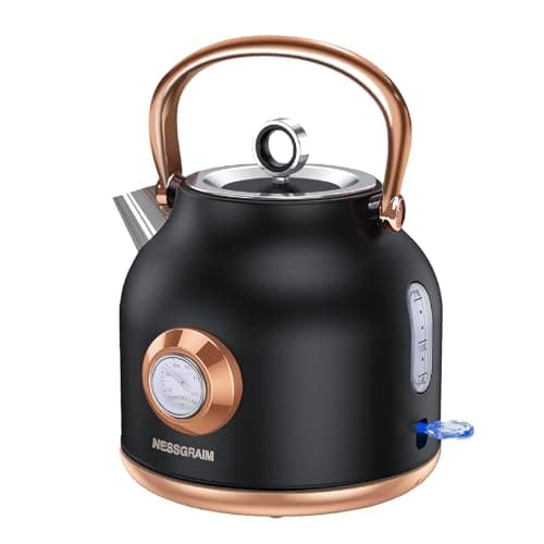NESSGRAIM Retro Electric Kettle, 1.7L Stainless Steel Tea Kettle with Large Temperature Gauge, 1500W Fast Heating Hot Water Boiler with LED Indicator, Auto Shut-off & Boil-Dry Protection-Reteo Black
