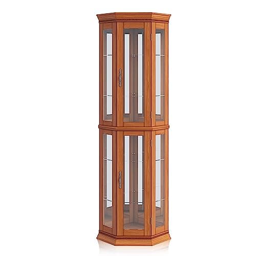 BELLEZE Lighted 3-Side Glass Display Curio Cabinet w/Tempered Glass Doors and Shelves, Accent Wooden Corner Cabinet with Bulb, Corner Storage Decoration Rack for Living Room 6