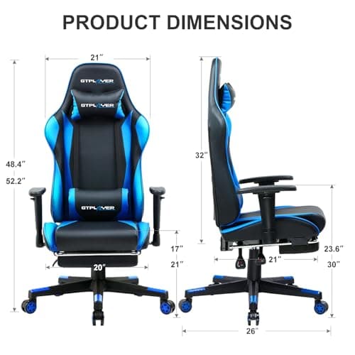 GTPLAYER Gaming Chair with Footrest, Ergonomic Computer Game Desk Chair, Reclining Game Chair Seat Height Adjustment, Swivel Rocker with Headrest and Lumbar (Blue) 2