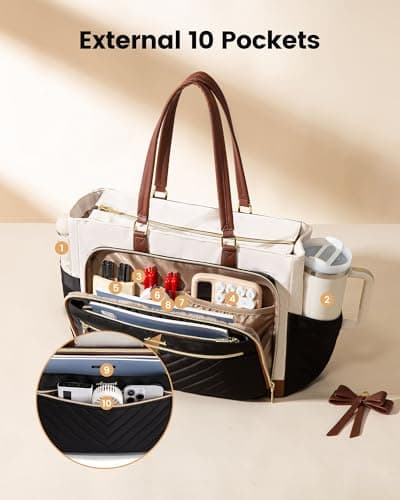 LOVEVOOK Lunch Bag, Tote Bag for Women with Insulated Lunch Compartment, Laptop Bag with Large Capacity & Cup Holder, Work Tote for Teacher, Nurse, Travel, College, Daily, Black-Beige-Brown, 15.6 Inch 3