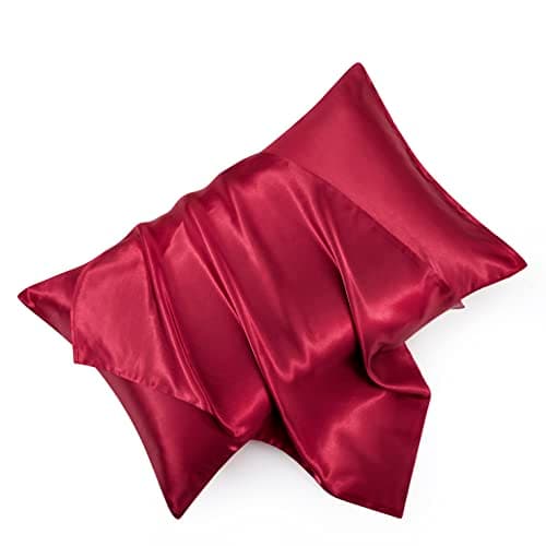 HommxJF Wine Red Satin Pillowcase Standard Set of 2 with Envelope Closure，Wine Red Silk Pillowcase for Hair and Skin (20x26)