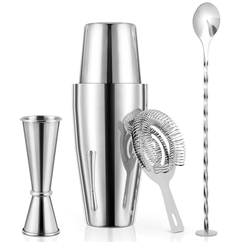 X Home Cocktail Shaker Set, Professional 4-Piece Bartender Kit with Boston Shaker, Hawthorne Strainer, Double Measuring Cocktail Jigger, and 10-inch Mixing Spoon, Bartender's Choice