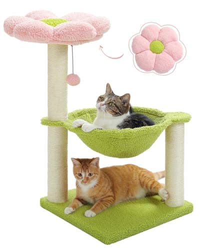 MUTTROS Flower Cat Tree, 28" Cat Tower with Cozy Flower Perch, Large Hammock for Indoor Small Cats, Cute Cat Tree with Sisal Scratching Post and Fur Toy Ball for Kittens, Pink