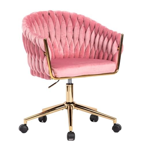 Comermax Cute Velvet Office Chair with Back and Golden Wheels, 360° Swivel Small Office Desk Chair Makeup Vanity Chair for Bedroom, Pink Rolling Chair