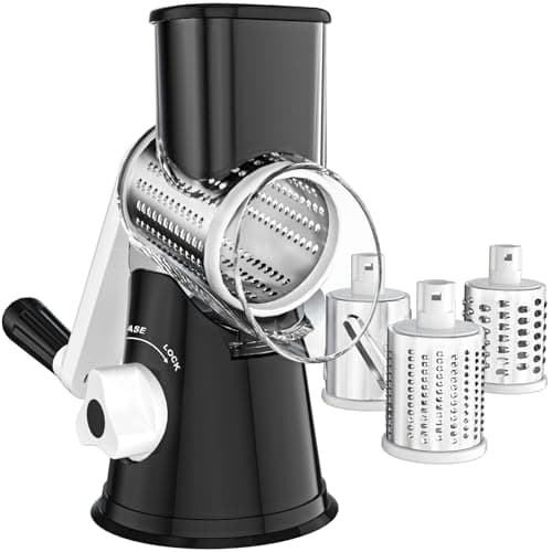 Ancevsk Cheese Grater Hand Crank, Rotary Vegetable Shredder with Handle and Strong Suction base, 3 in 1 Kitchen Speed Spin Veggie Slicer Nut Grinder for Pizza Top, Hash brown, Salad and More (Black)
