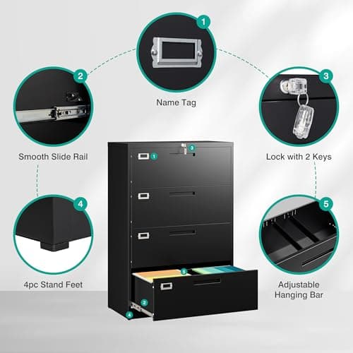 SISESOL 4 Drawer Lateral File Cabinet with Lock,Black Lateral Filing Cabinet,Horizontal Metal Filing Cabinet,Locked Wide Four Drawer File Cabinet for Office Home,Fit A4/F4/Letter/Legal File 5