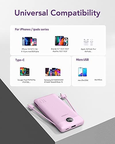 VEGER Portable Charger with Built-in AC Plug and Cables, All in One 10000mAh Ultra Slim Power Bank Travel Essentials, Fast Charging Battery Pack Compatible with iPhone, Samsung, Android (Purple) 6