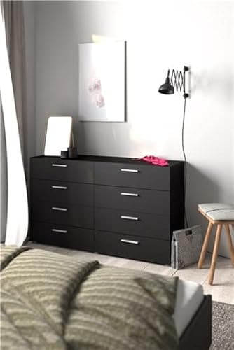 Tvilum, 8 Drawer Double Dresser, Bedroom, Modern Silver Drawer Handles, Contemporary, Black 8
