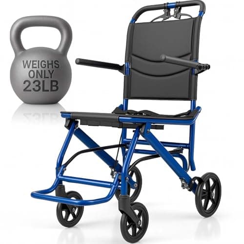Vive Ultra-Lightweight Transport Wheelchair for Small Adults, Seniors - Foldable, Portable Transfer Wheel Chair for Easy Travel - Narrow, Light Weight, Folding, Collapsible (Blue)