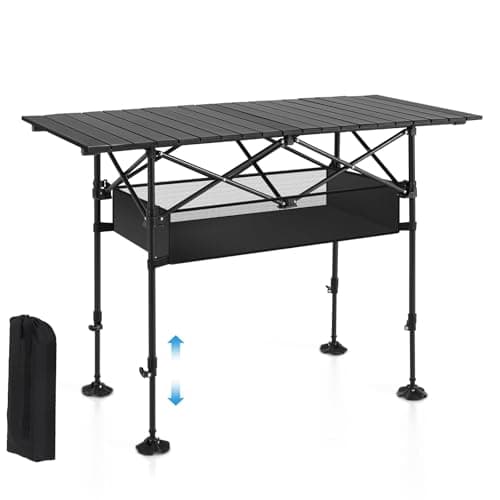 ALPHA CAMP Folding Camping Table, Portable Roll-up Table with Adjustable Height, Large Storage Bag and Carrying Bag, Tall Aluminum Table for Indoor & Outdoor Picnic BBQ Backyards Beach