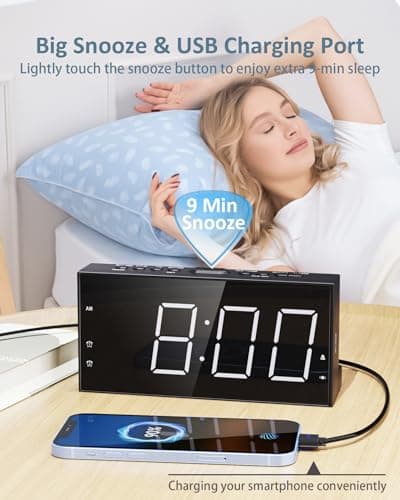 Loud Alarm Clock with Bed Shaker for Heavy Sleeper, Dual Vibrating Alarm Clock with USB Charger for Hard of Hearing/Deaf, 7.5’’ Large LED Display with Dimmer, Snooze, 12/24H & Battery Backup 5