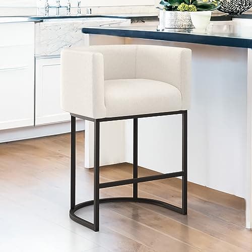LUE BONA 27" H Counter Height Bar Stools, Modern Barrel Counter Stools with Backrest and Arms, Black Metal Frames, Linen Fabric Upholstered Accent Barstools for Kitchen Island, Beige