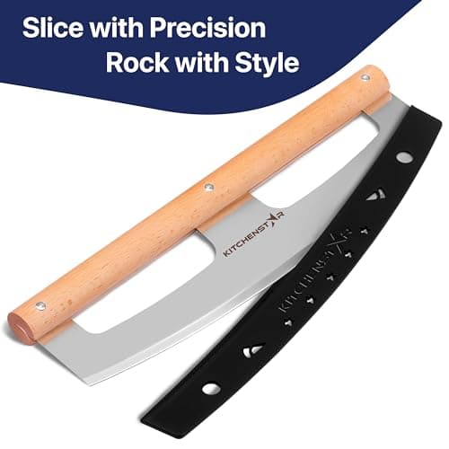 KitchenStar 14-Inch Pizza Cutter Rocker Blade - Razor Sharp Stainless Steel Slicer Knife, Stylish Beech Wood Handle, Protective Cover - Professional Pizza Oven Accessories, Silver 7