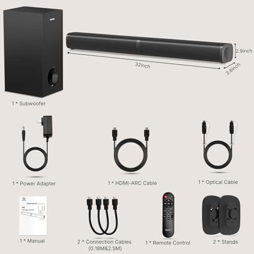 Wohome 2 in 1 Detachable Sound bar with Subwoofers, 2.1 Channel Bluetooth Sound Bar for Smart TV, Home Theater Surround Sound System, Optical,HDMI-ARC, USB Input, Bass Adjust, Remote/Button Control 6