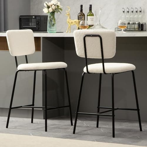 Barstools Set of 2 Counter Height Bar Stools : Modern White Upholstered Boucle Fabric Bar Stool for Kitchen Bistro Pub Armless Bar Chair with Metal Base for Dining Room Counter Island