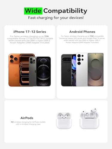 THREEKEY 2 Pack 15W Qi2 Certified Magnetic Wireless Charger 6.6ft Cable, Fast Charging Pad for iPhone 17-12&Airpods Series(20W Adapter Included) 6