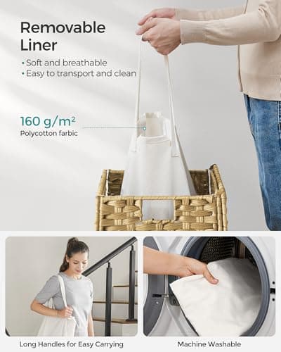SONGMICS Laundry Hamper with Lid, 23.8 Gallon (90 L) Synthetic Rattan Clothes Laundry Basket with Lid and Handles, Foldable, Removable Liner, Goose Yellow ULCB51NL 6