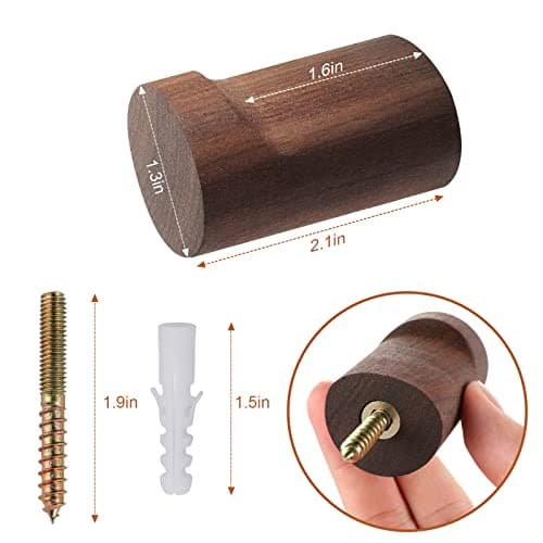 bsdonte Wood Wall Hooks 6 Pack, Natural Wooden Coat Hooks Wall Mounted, Handmade Rustic Hat Hooks Heavy Duty Entryway Wall Hangers for Hanging Towels, Clothes, Bags (Black Walnut Wood) 5