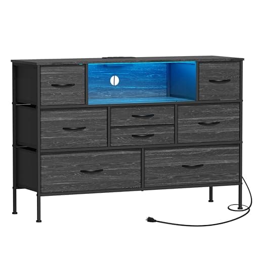 Simoretus Wide Dresser with Charging Station and LED Light for Bedroom 8 Fabric Drawers Chest of Drawers with Power Outlet Storage Open Shelf for Living Room TV Stand Closet Hallway (Charcoal Black)