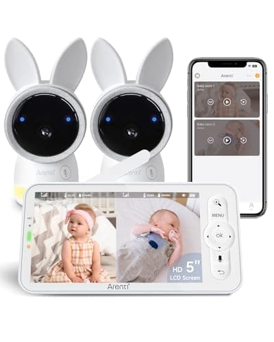 ARENTI Baby Monitor with 2 Cameras, 2K Smart Baby Camera with 5'' Upgraded Wireless Display, Super Night Vision, Breathing Light, Lullabies, Cry&Motion Detection, Temp&Humidity Sensor, 2 Way Audio