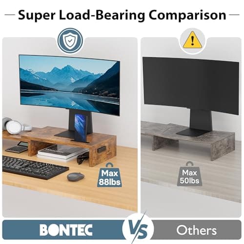 BONTEC Dual Monitor Stand Riser with Smartphone Holder, Adjustable Length & Swivel Angle, Ergonomic Wooden Desktop Organizer for PC Monitor, Laptop, Printer, Large Storage, Rustic Brown 5