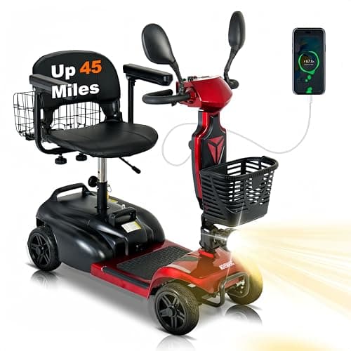 MOVEMAGIC Adult Mobility Scooter with Lithium Battery, 45 Miles Long Range Electric Mobility Scooter for Elderly, Cell Phone Holder, Top Speed 6.2MPH, Foldable Travel 4 Wheel Mobility Scooter (RED)