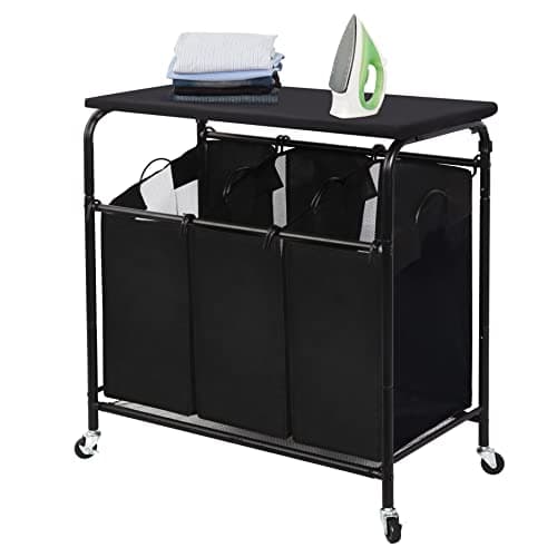 STORAGE MANIAC 3-Section Laundry Sorter with Foldable Ironing Board, Heavy-Duty Rolling Laundry Cart with and Removable Bags, Triple Laundry Hamper with Wheels, Matte Black