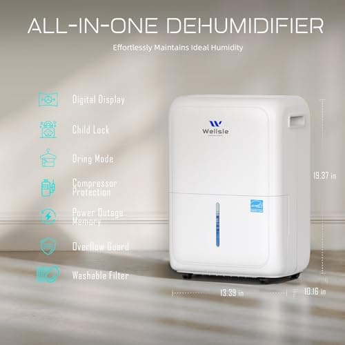 Wellsle Energy Star Certified 52 Pint Dehumidifier for Home and Basement, Portable Dehumidifier with Drain Hose and 1.59 Gal Water Tank, Quiet Dehumidifiers for Bedroom, Living Room, Garage. 7