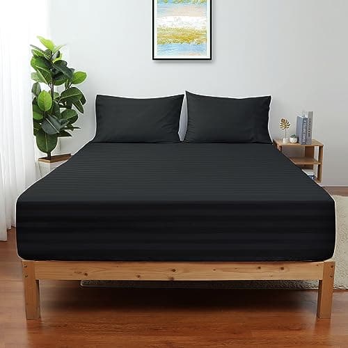 Twin XL Size Striped Fitted Sheet Only Black Color, 100% Egyptian Cotton 600 Thread Count, 16" Deep Pocket Premium Cotton Mattress Sheet (1 Bottom Sheet Only)