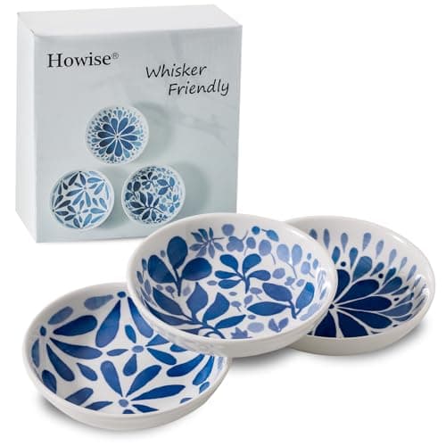 3 Boho Blue Ceramic Cat Bowls,5.5 inch Wide Shallow Cat Food Bowl for Relief Whisker Fatigue with Gift Box
