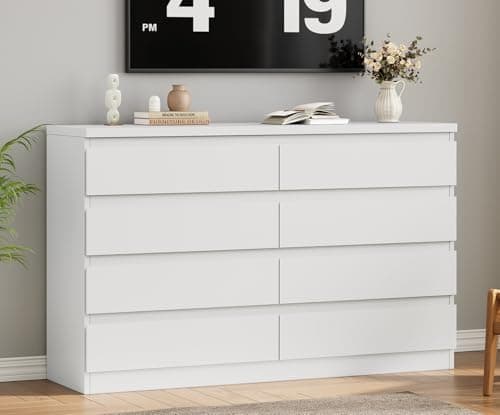 Jocoevol Modern 8 Drawer Dresser White Dresser for Bedroom, Simply Chest of Drawers, Wood Storage Dresser with Deep Drawers for Living Room Hallway Entryway, White