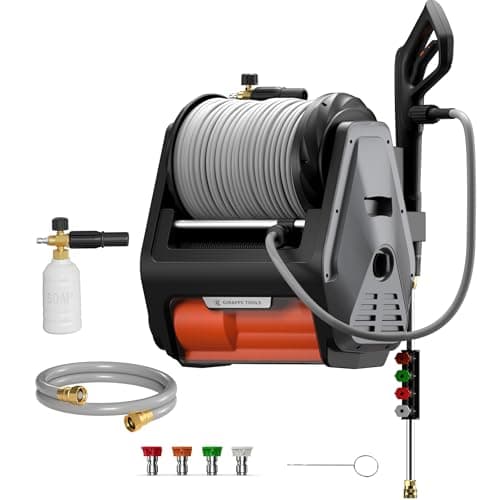 Giraffe Tools Grandfalls Retractable Pressure Washer Pro, Wall Mount Pressure Washer, Electric Power Washer, Automatic Rewind, 3700PSI, 100ft Pressure Hoses, Dark Silver Case