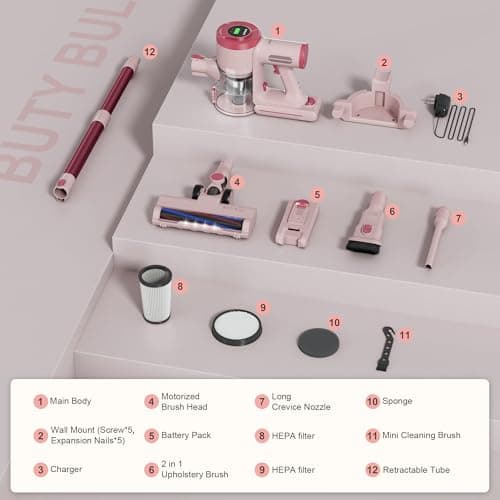 BUTY BULU Cordless Stick Vacuum Cleaner, 30KPa Handheld Rechargeable Battery Lightweight Small Pink Vac Electirc Broom, 40Mins Runtime for Home Hard Floor Carpet Pet Hair Cleaning, LED Screen 6