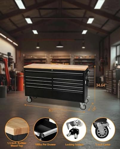 61-Inch Heavy-Duty Rolling Tool Chest & Mobile Workbench with 9 Drawers, Rubber Wood Tabletop, Key Locking System and Drawer Liners, Steel Storage Cabinet for Garage, Workshop, Warehouse Repair 7