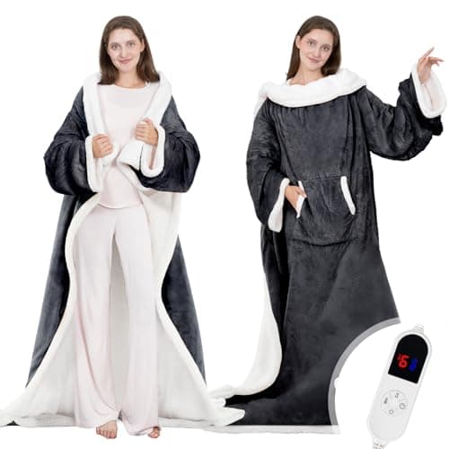 HOW'S MY HOUSE Wearable Heated Blanket with Foot Pocket, Electric Blanket with Sleeves, Flannel & Sherpa Heating Throw with 6 Heat Settings & 12 Hours Time Settings, 52" x 72", Gray