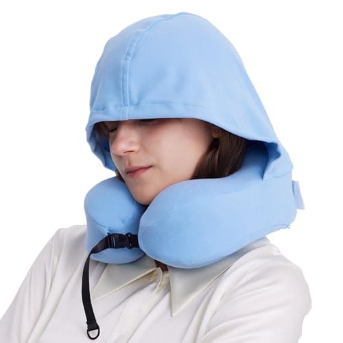 ALLINCOZY Travel Pillow with Hood for Airplane, 100% Pure Memory Foam Hooded Neck Pillow for Traveling, Car, Office, Soft, Machine Washable, Easy Storage, Blue
