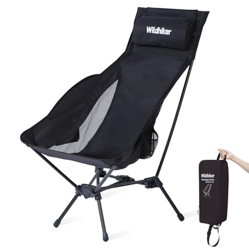Wildhiker Portable Compact Folding Camping Chairs – Lightweight High Back with Pillow, Deep Recline, ArmPads, Side Pockets-for Motorcycle, RV, Backpacking, Travel, Festival – Black