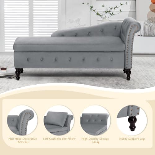 ACMEASE Upholstered Chaise Lounge with Right Armrest & Lumbar Pillow,Button Tufted Lounge Sofa with Storage,Lounge Chair Indoor,Modern Velvet Lounge Chair for Bedroom, Living Room and Office,Grey 5