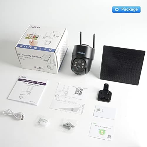 Xega 4G LTE Cellular Security Camera Solar with SIM Card,Wireless Outdoor No WiFi Security Camera,2K HD PTZ Night Vision Motion Detection 2 Way Talk TF&Cloud Storage IP66, Built-in SIM Card 7