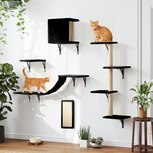 Wall Mounted Cat Furniture Set of 5 With Tree, Perch, Scratcher, Bridge and Condo, Gray (Black) 7
